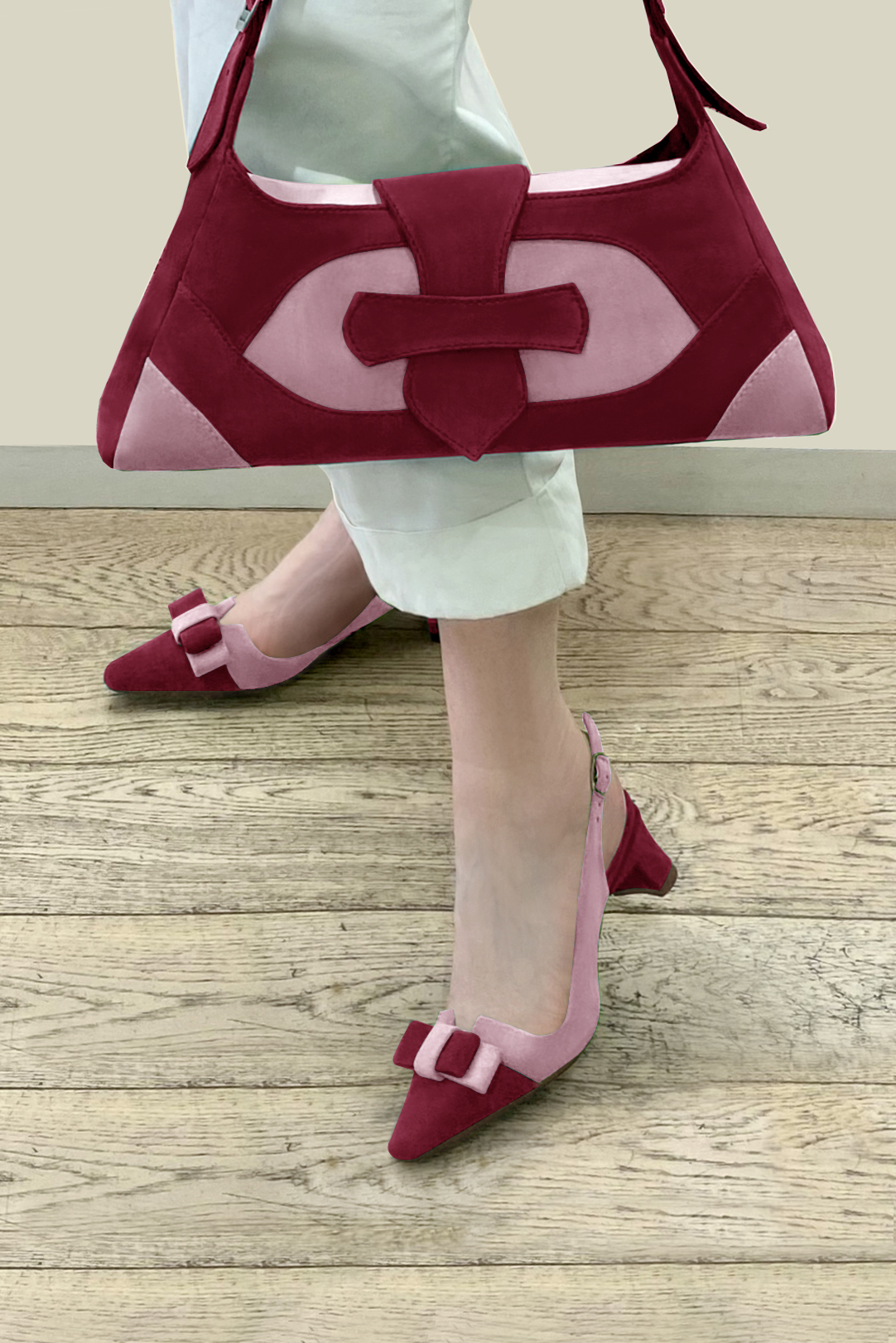 Burgundy red and carnation pink women's open back shoes, with a knot. Tapered toe. Medium slim heel. Top view - Florence KOOIJMAN